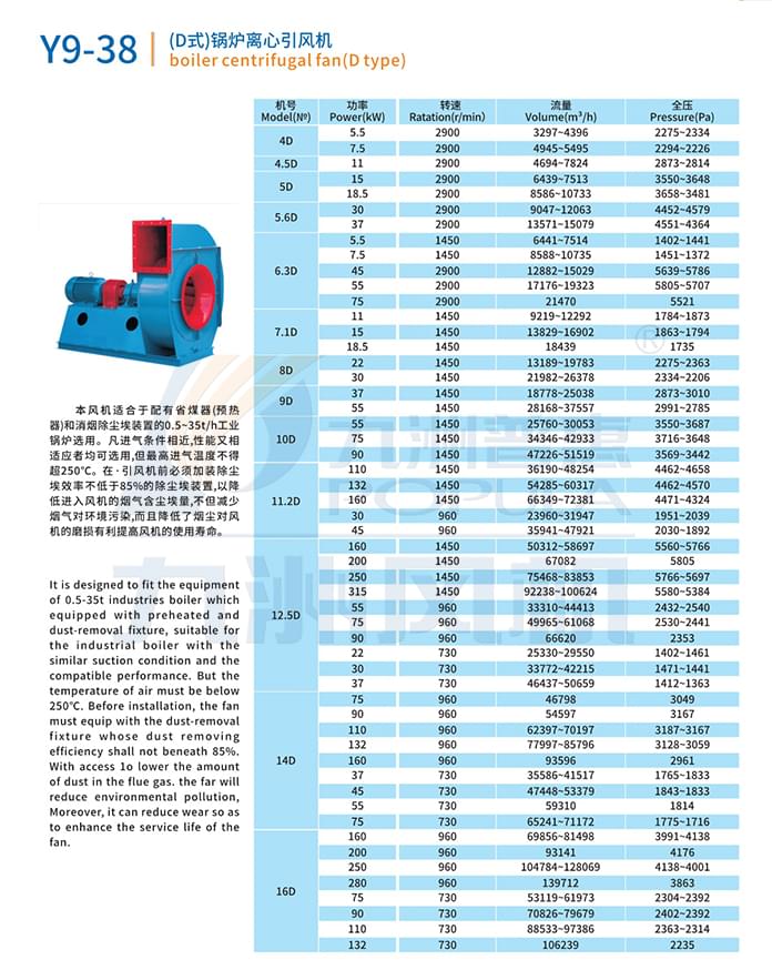 九洲Y9-38(D式)锅炉离心引风机参数