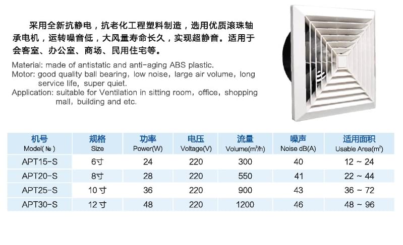 九洲APT系列全塑天花板式换气扇参数